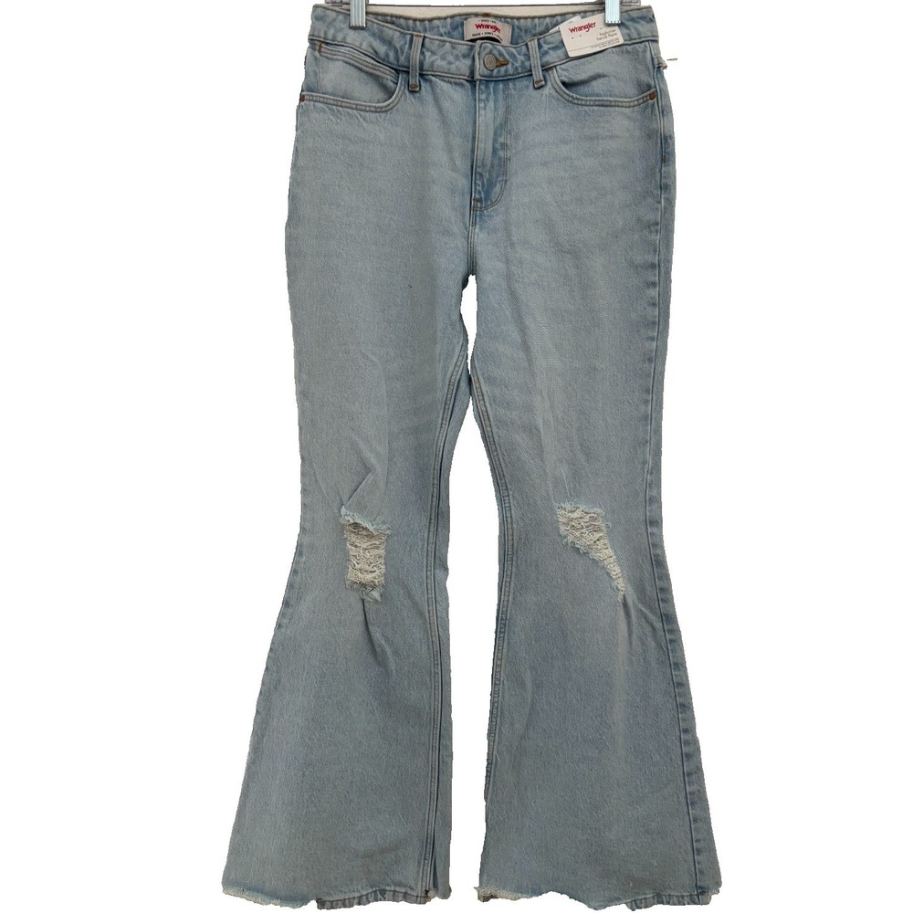 Wrangler Jeans High Rise Fierce Flare 10 x 32 Lite Wash Blue Western Raw Hem
